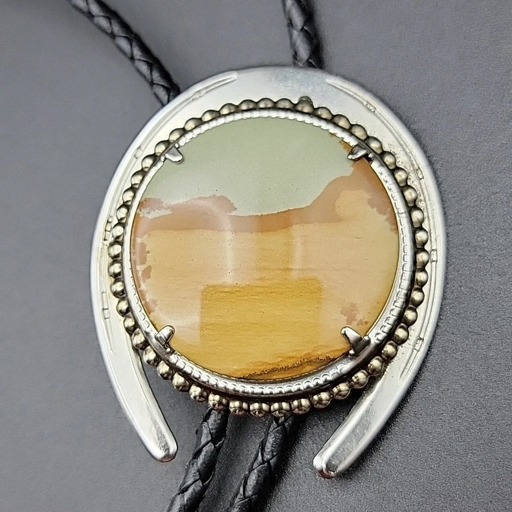 Mens Desert Lanscape Picture Jasper Bolo Braided Leather Tie Natural Gemstone